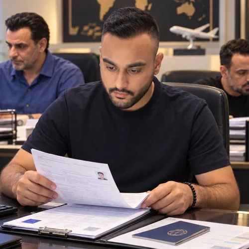 موظف يراجع مستندات طلب فيزا شنغن من الكويت